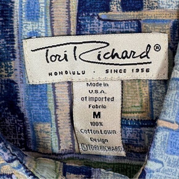 Tori Richard Geometric Print Button Up Camp Hawaiian Shirt Blue Green Tan Medium - Picture 8 of 11